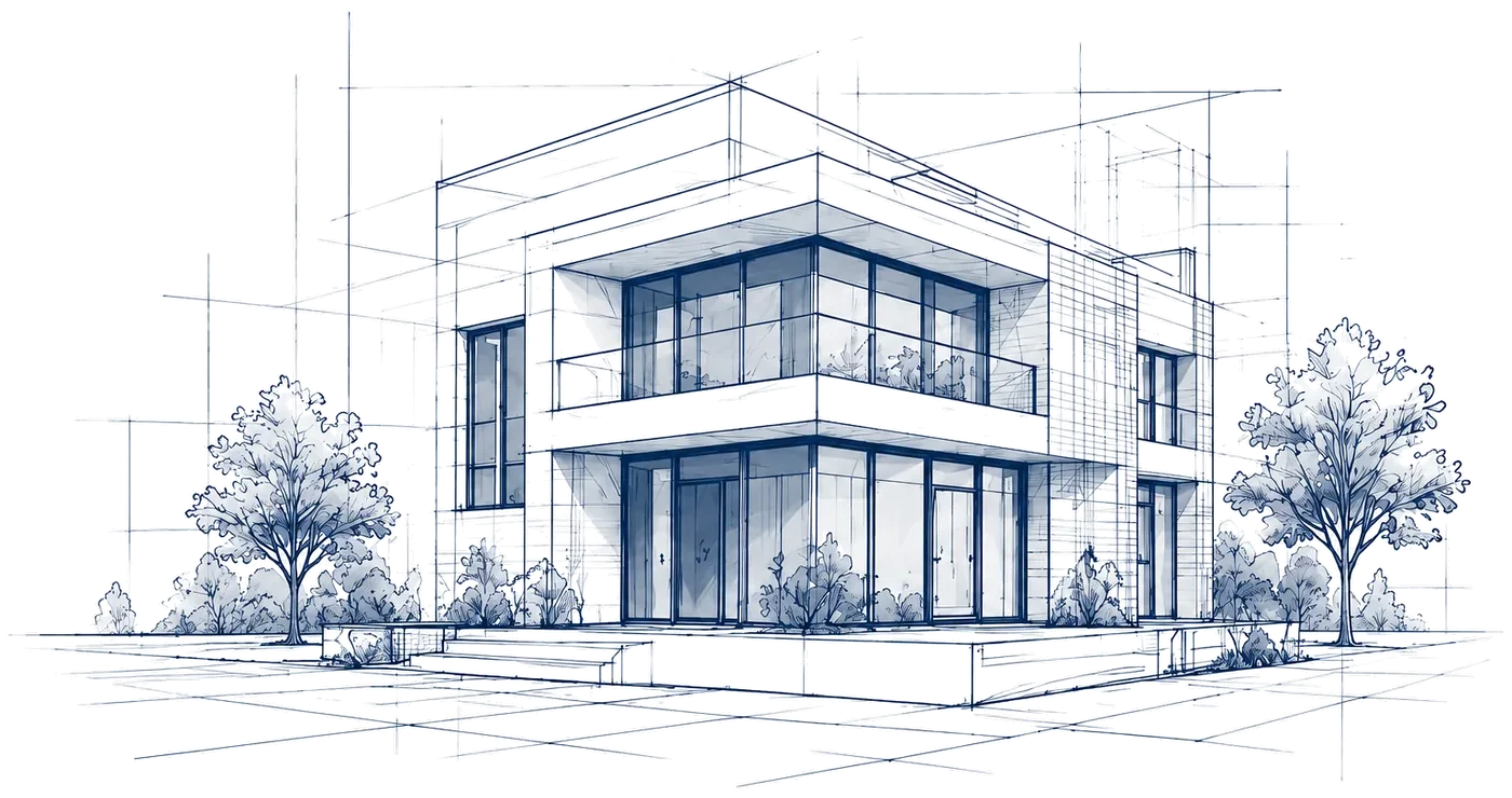 Architectural line drawing of a modern two-storey house with trees